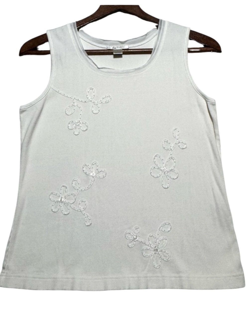 Christopher & Banks Y2K White Ribbed Embroidered Tank Top Size L
